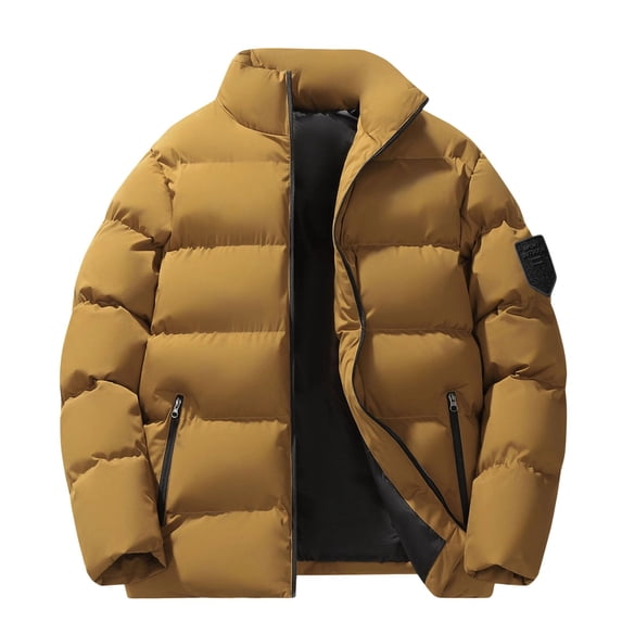 COSFO Casual Mens Puffer Jacket Brown Full Zip Coat Loose Fit Cotton Stand Colla Long Sleeve Coats for Men