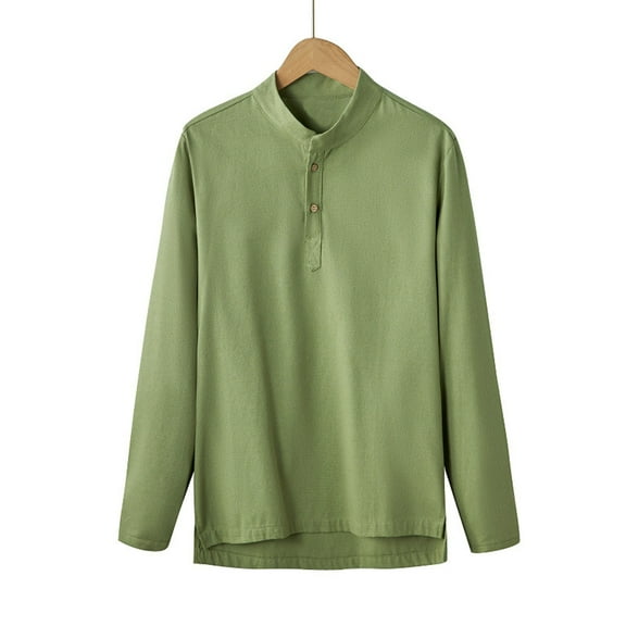 COSFO Casual Mens Shirts Solid Long Sleeve Cotton Linen Tops Loose Button Pullover Crew Neck Men Classic T-Shirt