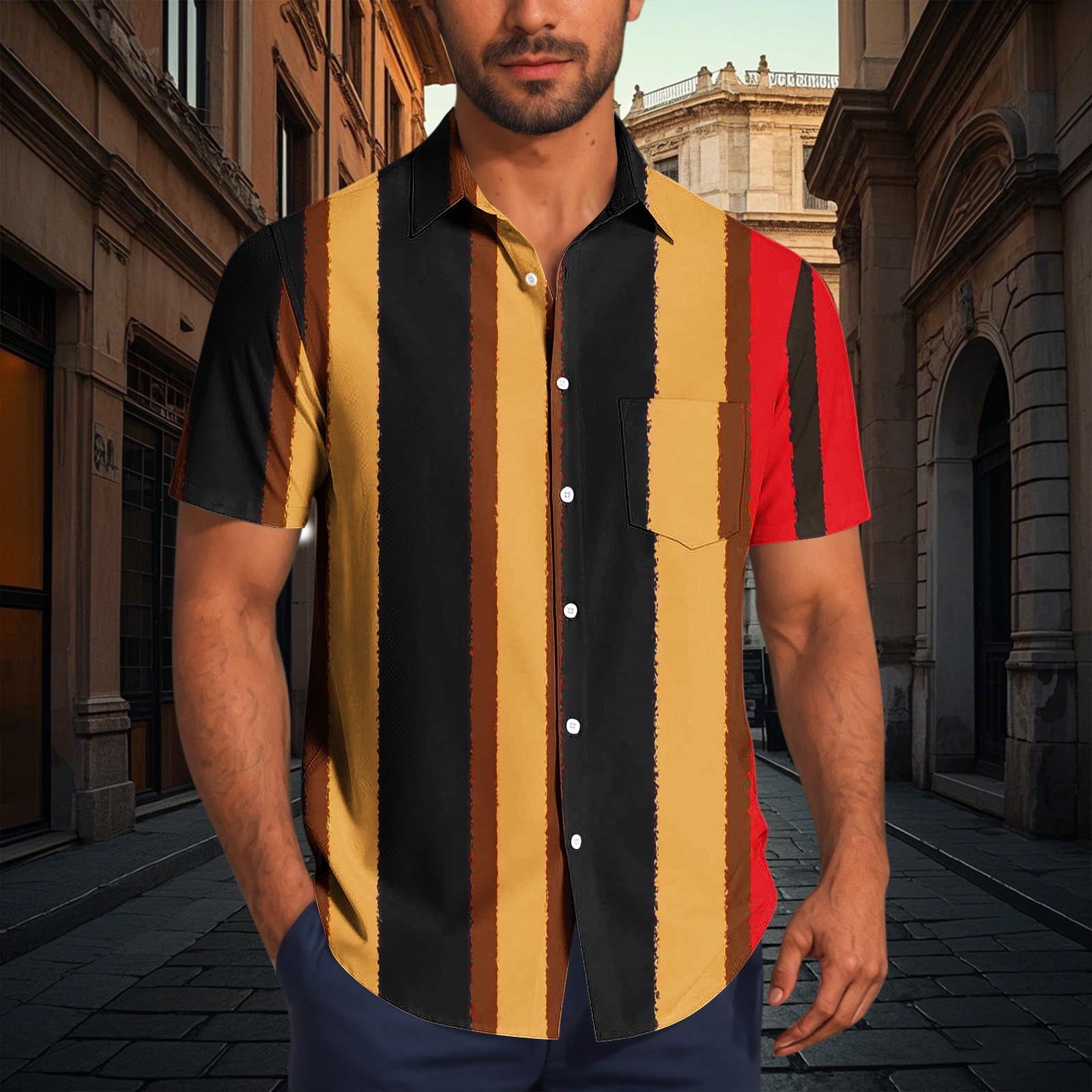 STRIPE COLLARED SHORT SLEEVE BUTTON DOWN SHIRT