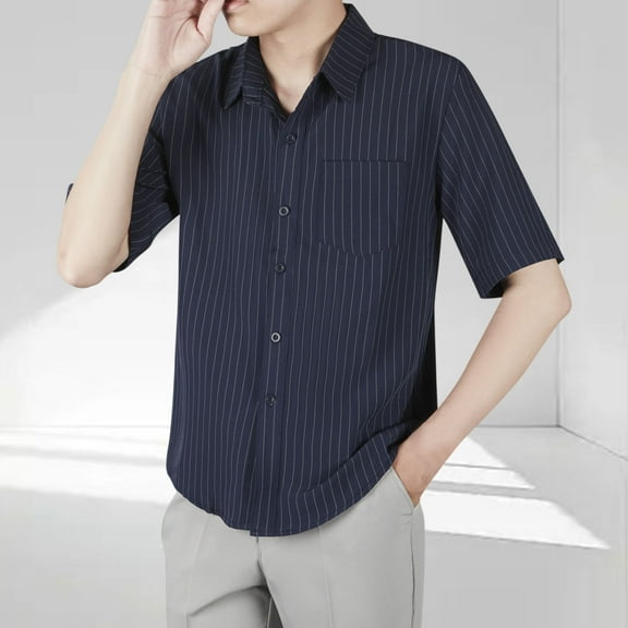 COSFO Casual Mens Summer Shirts Collared Short Sleeve Button Down Tops Regular Fit Business Striped with Pocket Mens Shirt
