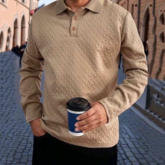 COSFO Casual Mens T-Shirts Jacquard Button Long Sleeve Tops Loose Fit Pullover Collared Mens Classic T-Shirt