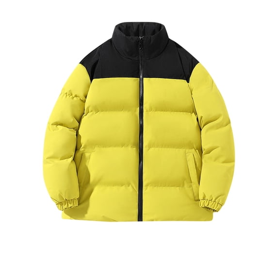 COSFO Casual Mens Winter Jacket Yellow Puffer Solid Zip Up Quilted Jacket Waterproof Loose Mid-Length Long Sleeve Hoodless Jackets
