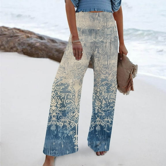 COSFO Casual Pants for Women Vintage Blue Palazzo High Elastic Waisted Wide Leg Pants with Pocket Loose Pants