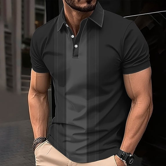 COSFO Casual Polo Shirts for Men Striped Collared Short Sleeve Pullover Tops Button Loose Graphic Tees