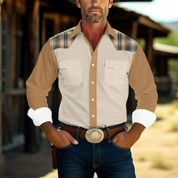 COSFO Casual Shirts for Men Plaid Collared Long Sleeve Tops Regular Button Down with Pocket Shirts