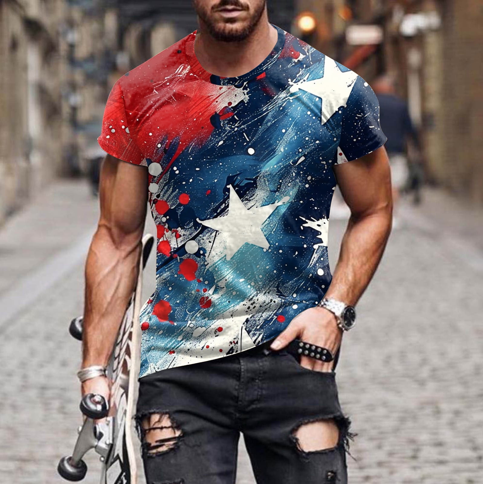 COSFO Casual Shirts for Men Short Sleeve Crew Neck American Flag Tops ...