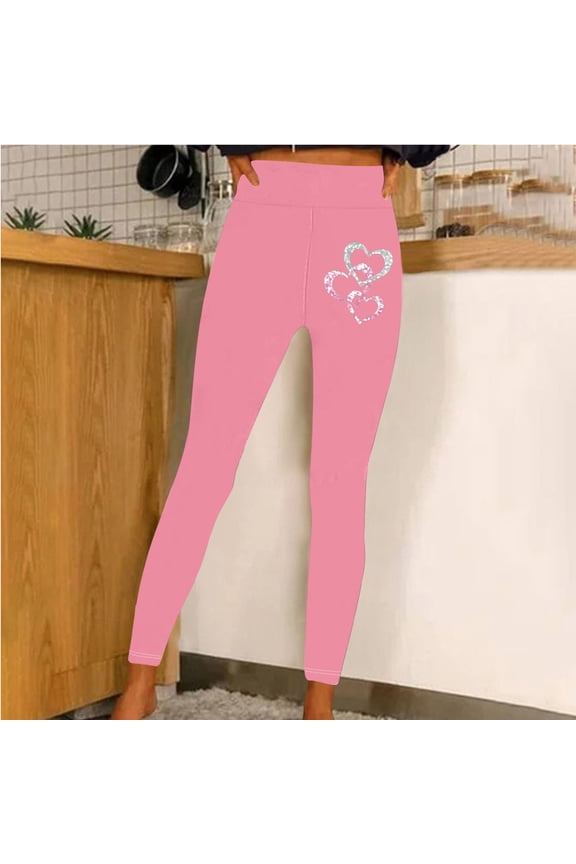 Casual Sweat Pants for Womens Yoga Love Heart High Waisted Pink Slim Leg Pants Skinny Workout Pants