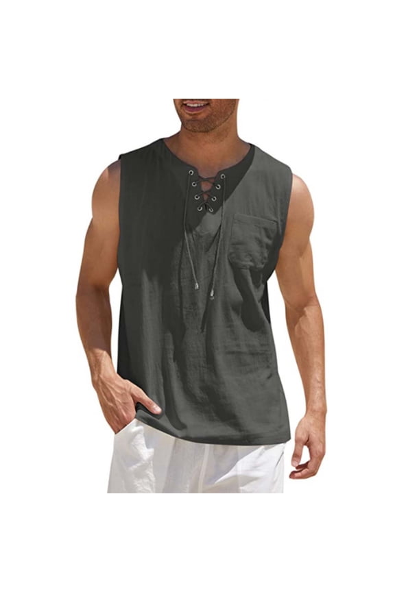 Casual Tank Top for Men Cotton Linen Muscle Gray Shirts V Neck Loose Sleeveless with Pocket Summer Tank Tops