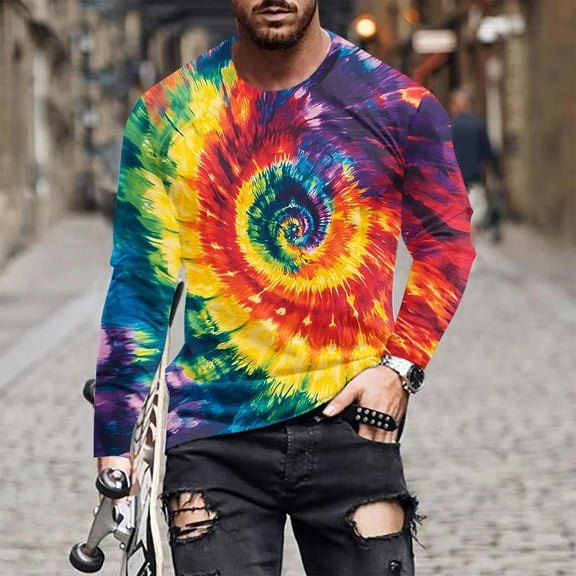 COSFO Casual Tshirts Shirts for Men Tie Dye Long Sleeve Cotton Tops Pullover Crew Neck Workout Loose Graphic Tees