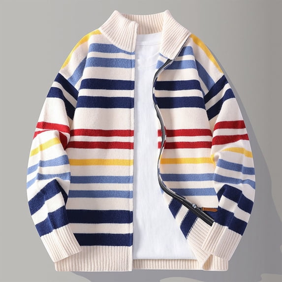 COSFO Casual Winter Jackets for Men Knitted Zip Up Striped Sweater Jacket Long Sleeve Loose Fit Stand Colla Winter Coats for Men