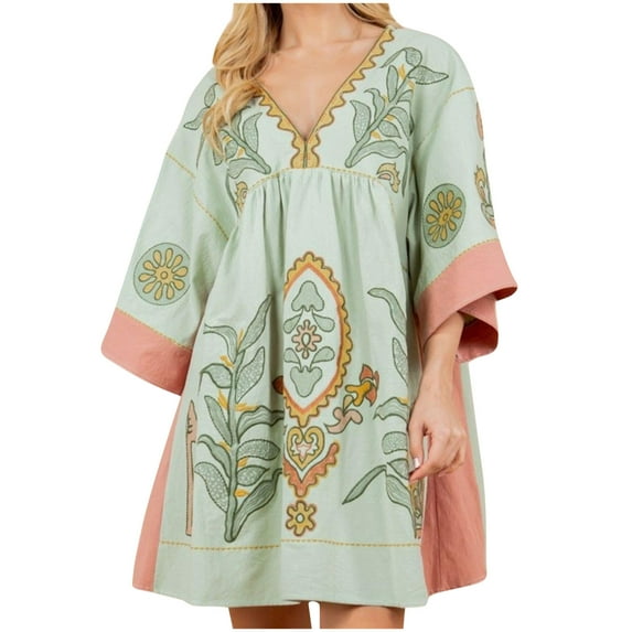 COSFO Casual Women Dresses 3/4 Sleeve V-Neck Green Boho Mini Dresses Flowy A-Line Dresses