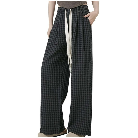 COSFO Casual Women Pants Plaid Elastic Waist Gray Palazzo Wide Leg Pants Loose Drawstring Adjustable Width Pants