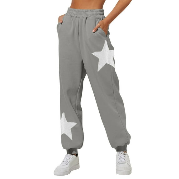 COSFO Casual Women Sweatpants Elastic Waist Joggers Star Gray Taper Pants Drawstring with Pocket Loose Pants