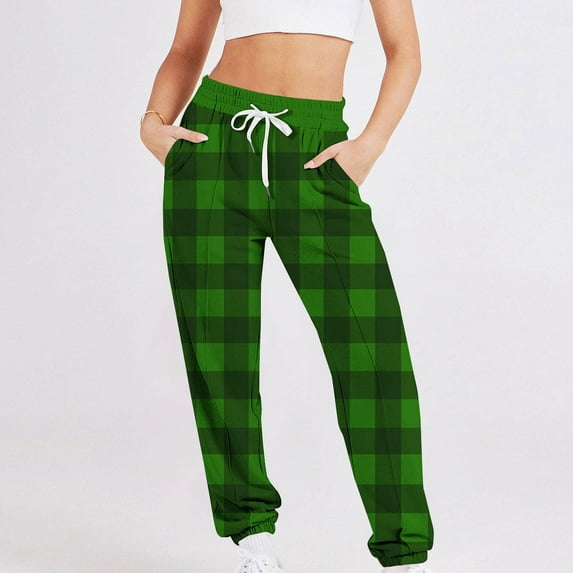 COSFO Casual Women Sweatpants Green Plaid Joggers Elastic Waist Taper Pants Drawstring Loose Adjustable Width Pants