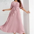 thumbnail image 1 of COSFO Casual Women's Fall Dresses Long Sleeve Solid Pink Crew Neck Midi Dresses Pleated A-Line Belted Plus Size Dresses, 1 of 4
