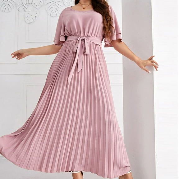COSFO Casual Women's Fall Dresses Long Sleeve Solid Pink Crew Neck Midi Dresses Pleated A-Line Belted Plus Size Dresses