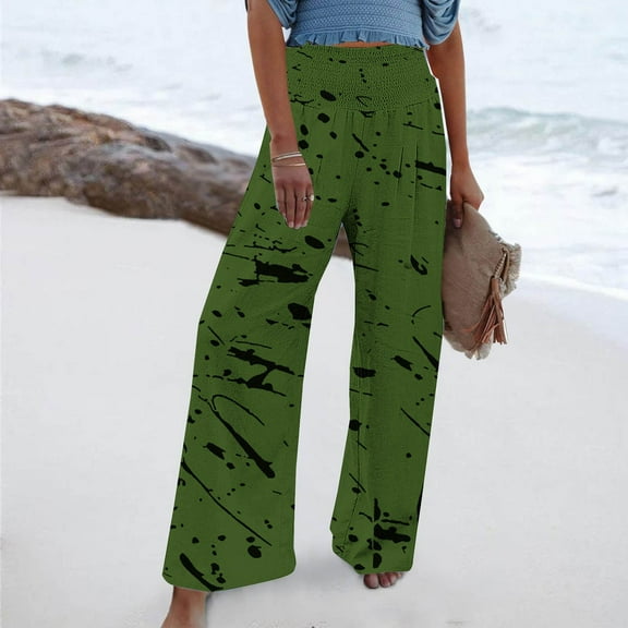 COSFO Casual Women's Pant High Elastic Waisted Green Colorblock Palazzo Wide Leg Pants with Pocket Loose Pants