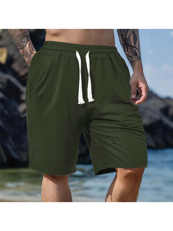 Casual Workout Shorts Men Elastic Waist Solid Shorts with Pockets Loose Ripped Mens Shorts