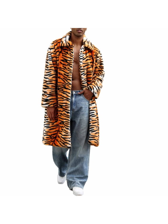 Coats for Men Open Front Leopard Print Long Winter Faux Fur Overcoat Collar Warm Long Sleeve Men's Jacket