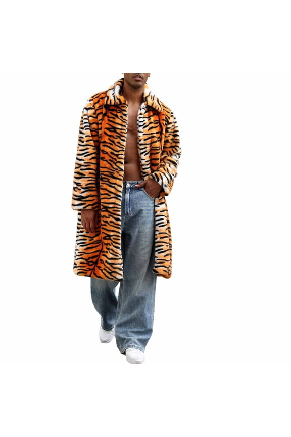 Coats for Men Open Front Leopard Print Long Winter Faux Fur Overcoat Collar Warm Long Sleeve Men's Jacket