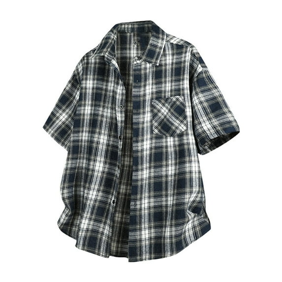 COSFO Collared Men Button Down Shirt Short Sleeve Casual Plaid Regular Fit with Pocket Shirts for Men