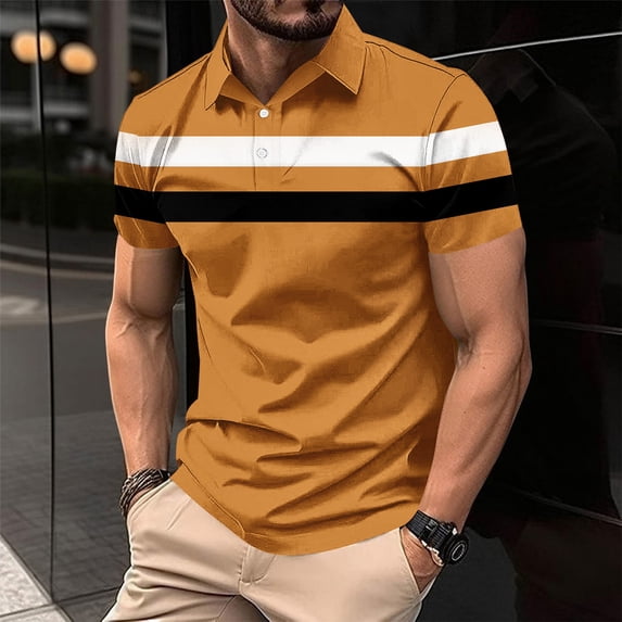 COSFO Collared Men Polo Shirts Casual Striped Short Sleeve Tops Slim Button Pullover Men's Graphic Tees