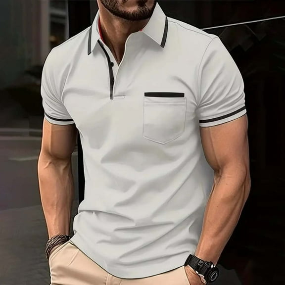 COSFO Collared Men Polo Shirts Short Sleeve Casual Solid Tops Classic Pullover Performance with Pocket Shirts