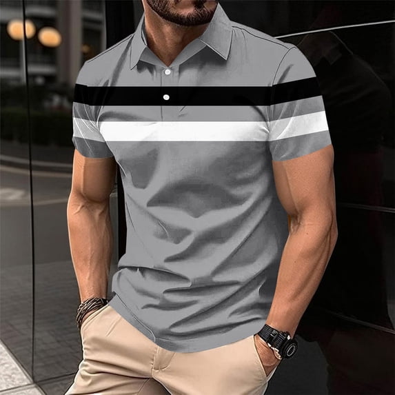 COSFO Collared Men Polo Shirts Short Sleeve Casual Striped Tops Button Pullover Slim Men's Graphic Tees