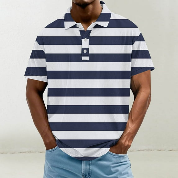 COSFO Collared Men Shirts Casual Short Sleeve Striped Pullover Button Loose Tee Shirts Mens