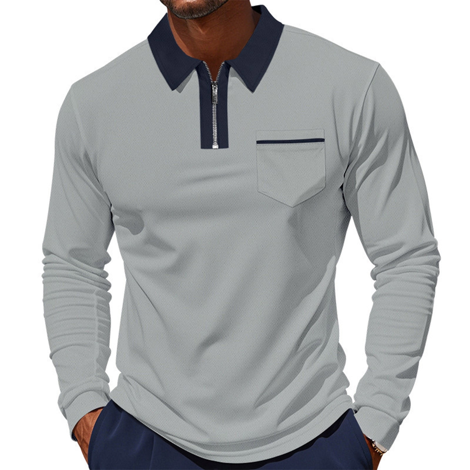COSFO Collared Men Shirts Long Sleeve Pullover Colorblock Quarter Zip ...