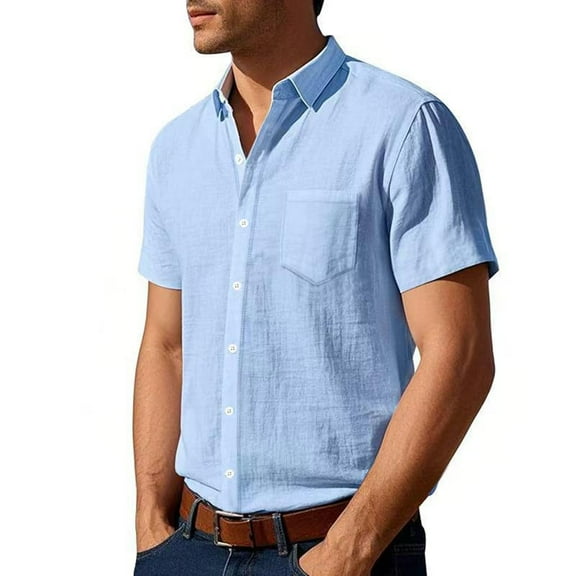 COSFO Collared Men's Button Down Short Sleeve Shirts Solid Casual Tops with Pocket Cotton Linen Regular Men's Shirts