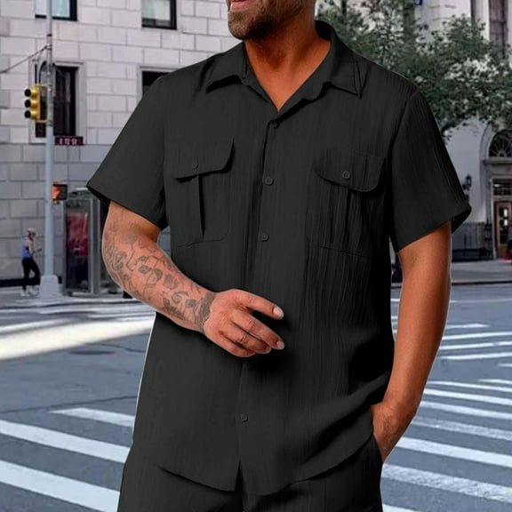 COSFO Collared Men's Shirts Button Down Short Sleeve Casual Tops with Pocket Regular Fit Solid Mens Shirt