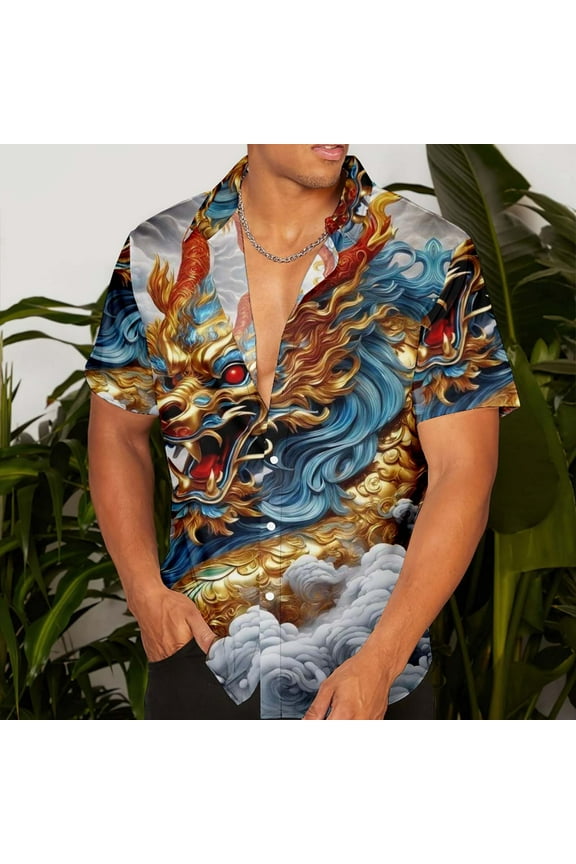 Collared Mens Button Down Shirt Short Sleeve Casual Dragon Blue Tops Regular Graphic Tees