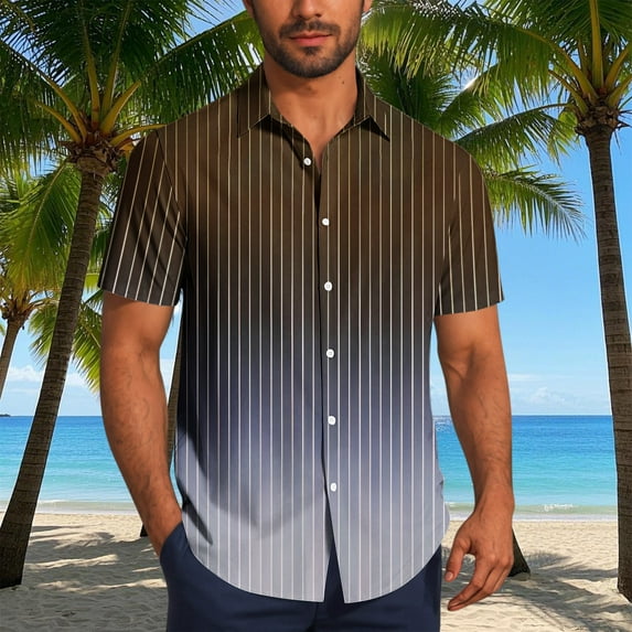 COSFO Collared Mens Button Down Short Sleeve Shirt Gradient Casual Tops Regular Striped Mens Shirts
