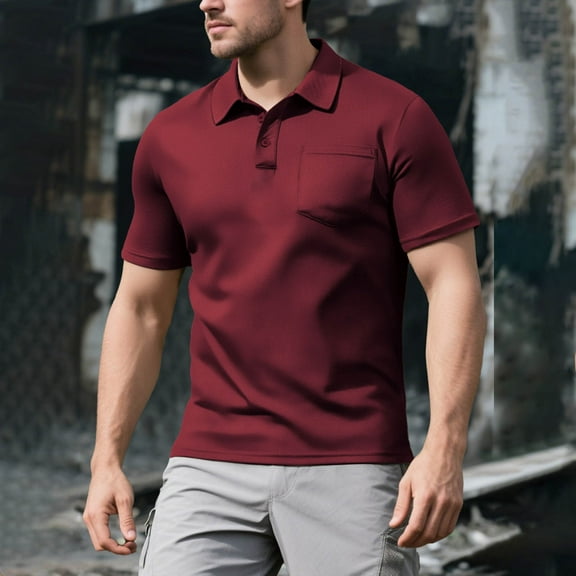 COSFO Collared Mens Casual Shirts Short Sleeve Red Pullover with Pocket Loose Button Men's T-Shirts