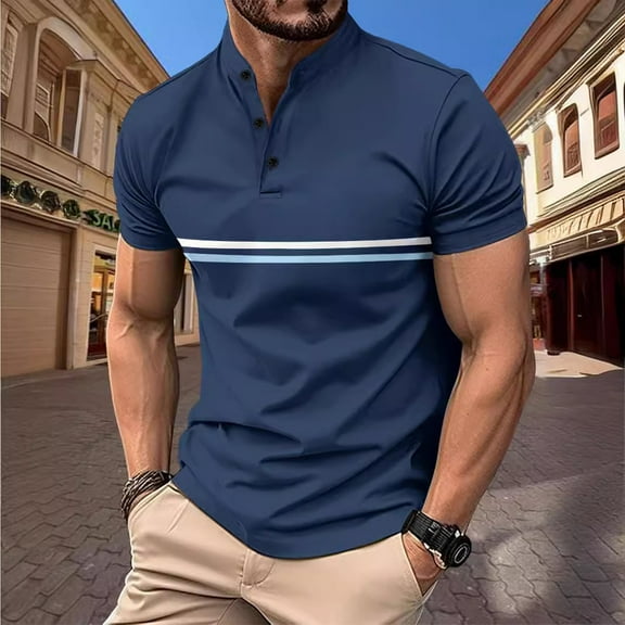 COSFO Collared Mens Polo Shirts Casual Striped Short Sleeve Tops Pullover Button Slim Shirts