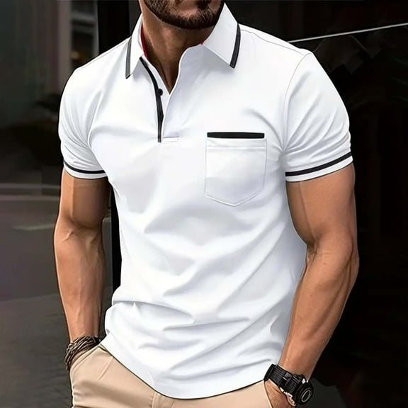 COSFO Collared Mens Polo Shirts Short Sleeve Casual Solid Tops Classic Pullover with Pocket Performance Shirts