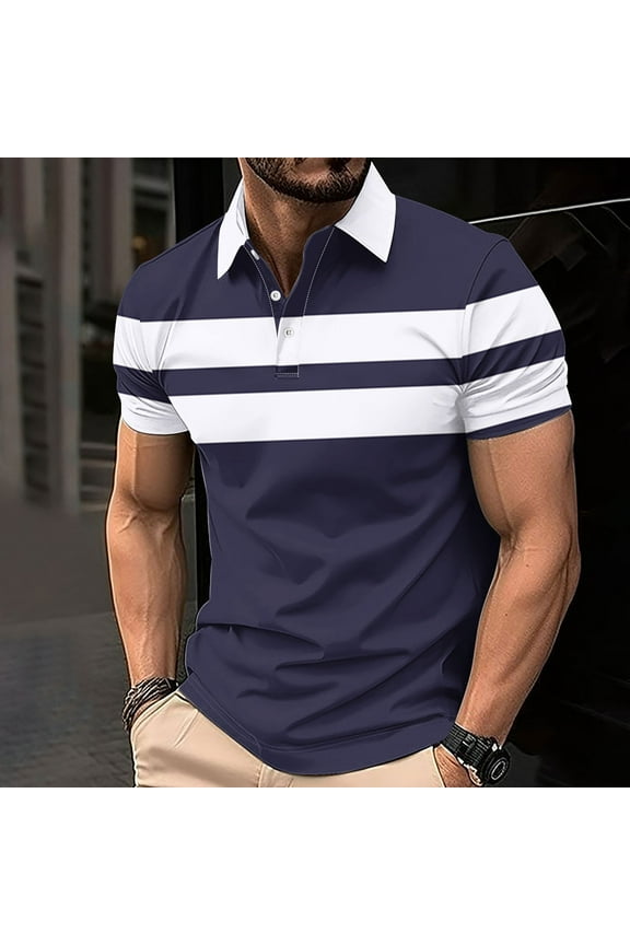 Collared Mens Polo Shirts Striped Pullover Casual Short Sleeve Tops Loose Button Graphic Tees