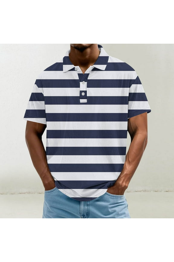 Collared Mens Shirts Striped Casual Short Sleeve Pullover Button Loose T Shirts for Man