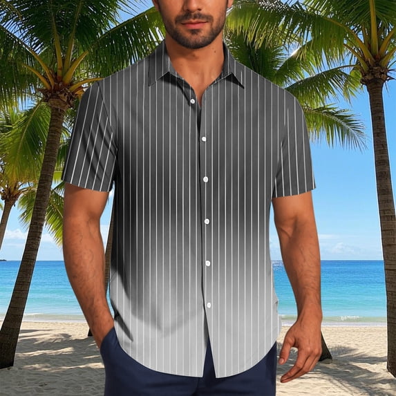COSFO Collared Mens Short Sleeve Button Down Shirts Gradient Casual Tops Striped Regular Men's Shirts
