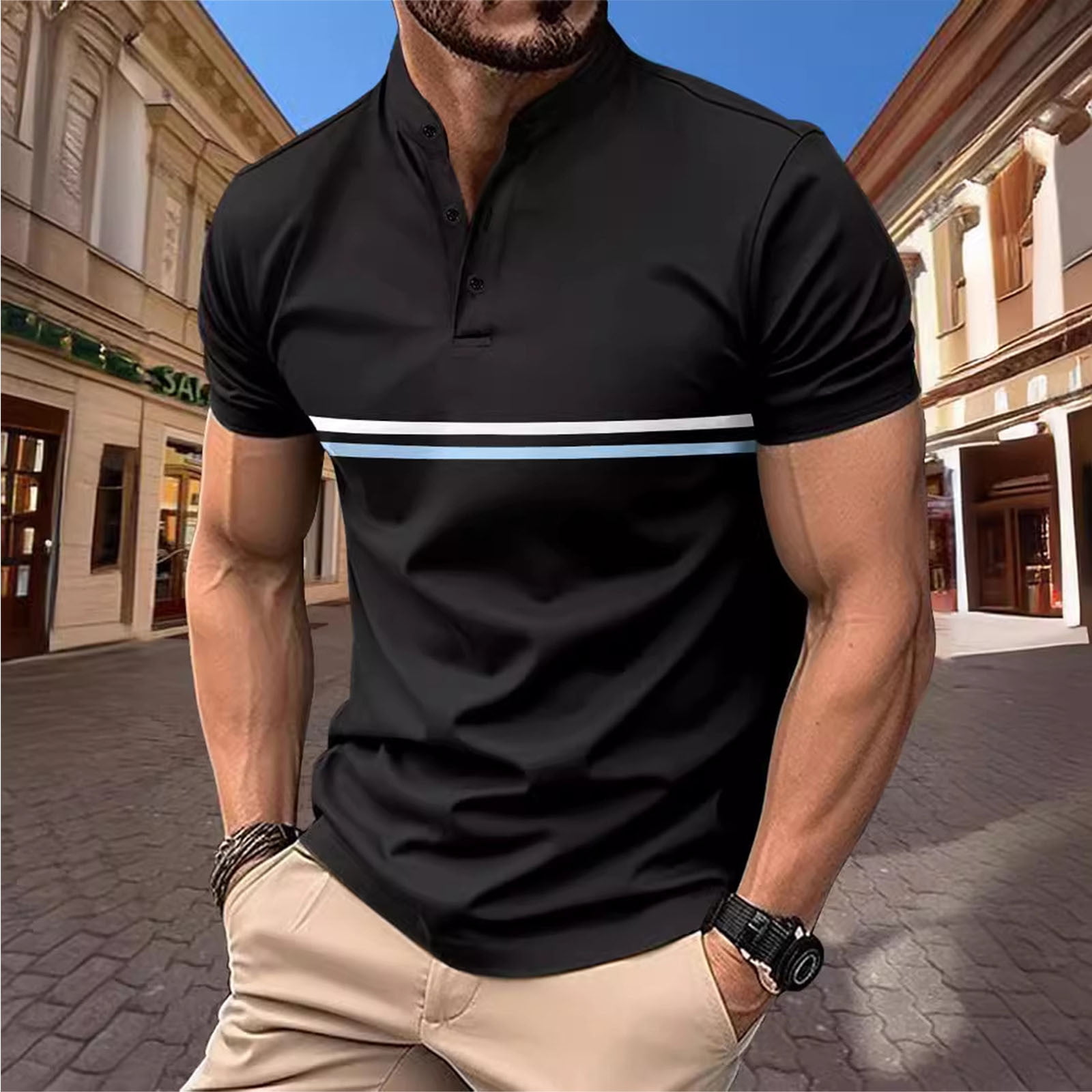 COSFO Collared Polo T Shirts for Men Casual Short Sleeve Striped Tops ...