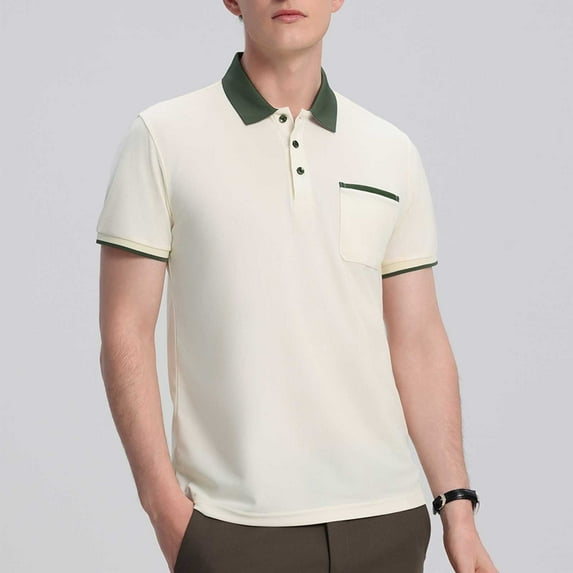COSFO Collared Polo T Shirts for Men Short Sleeve Solid Casual Tops with Pocket Pullover Slim Classic T-Shirt