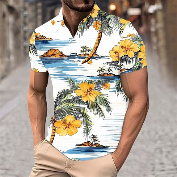 COSFO Collared Shirts for Men Hawaiian Short Sleeve Casual Tops Summer Beach Button Regular Fit Pullover T-Shirts