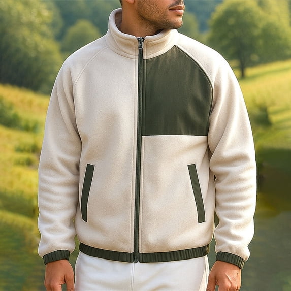 COSFO Colorblock Jackets for Men Fleece Full Zip Casual Outerwear Long Sleeve Stand Colla with Pockets Slim Fit Winter Coats for Men