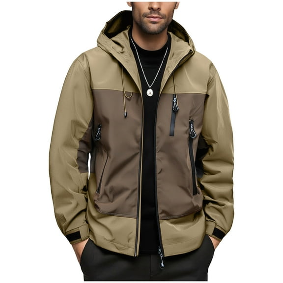 COSFO Colorblock Mens Jackets Hooded Full Zip Lightweight Windbreaker Hiking with Pockets Loose Fit Outdoor Long Sleeve Sports Coats for Men