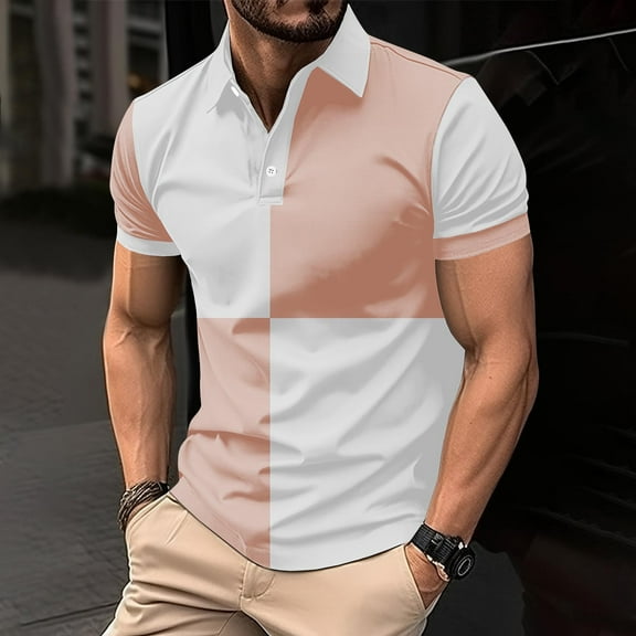 COSFO Colorblock Mens Polo Shirt Pullover Collared Casual Short Sleeve Tops Loose Button Graphic Tees