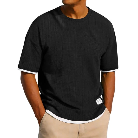 COSFO Colorblock T Shirts for Man Summer Short Sleeve Waffle Shirts Pullover Crew Neck Loose Fit Fake Two-Piece Workout Tops