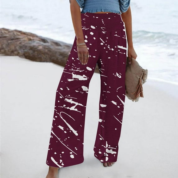 COSFO Colorblock Womens Pants Casual Palazzo Red High Elastic Waisted Wide Leg Pants with Pocket Loose Pants