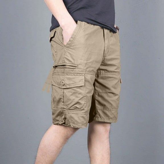 COSFO Comfort Waist Men's Cargo Shorts Solid Casual Shorts Knee Length Multi Pocket Loose Mens Shorts