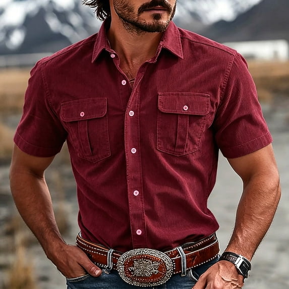 COSFO Corduroy Men's Button-Down Shirts Red Work Short Sleeve Shirt with Pocket Relaxed Fit Collared Casual Men Shirts L